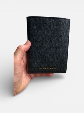Michael Kors Black Pebbled Leather Card & Passport Wallet with Gold Logo
